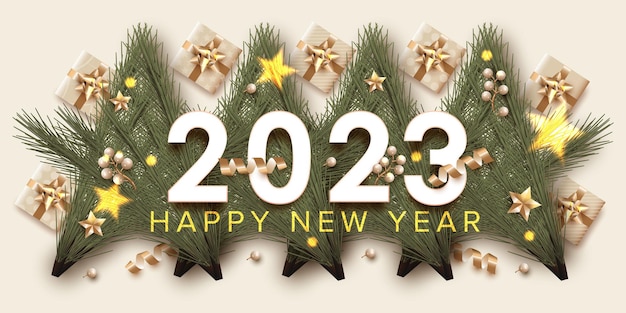 Feliz año nuevo 2023 con fondo de decoración de pino estrella