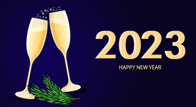 Feliz año nuevo 2023. Fondo de diseño, tarjeta de felicitación, pancarta, póster con copas de champán.Vector.
