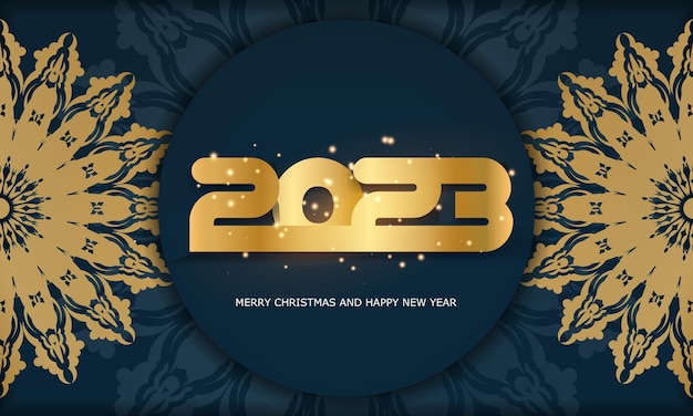 Feliz año nuevo 2023 fondo festivo patrón dorado en azul