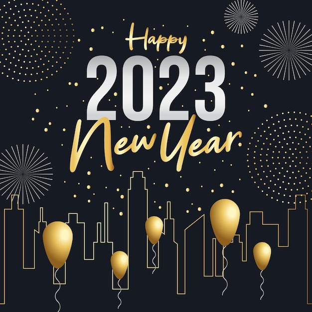 Vector feliz año nuevo 2023 con fondo de fuegos artificiales en diseño plano