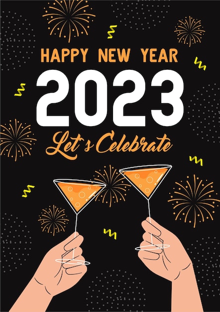 Feliz año nuevo 2023 con fondo de fuegos artificiales en diseño plano