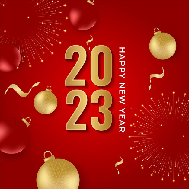 Feliz año nuevo 2023 fondo de tarjeta postal cuadrada para plantilla de redes sociales Plantilla de tarjeta de felicitación de vacaciones de invierno de año nuevo rojo y dorado 2023 Banner de moda minimalista para tarjeta de portada de marca