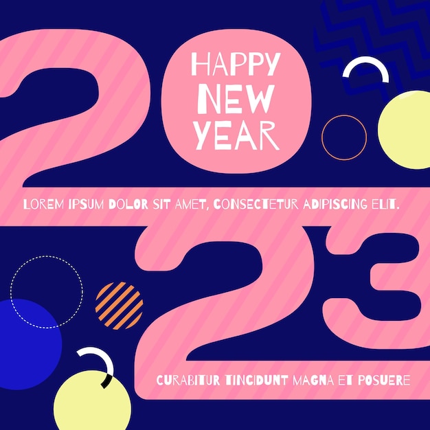 Feliz año nuevo 2023 con forma de círculo (rosa, azul, amarillo) Vector de saludo