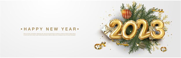 Feliz Año Nuevo 2023. globo de oro realista festivo.