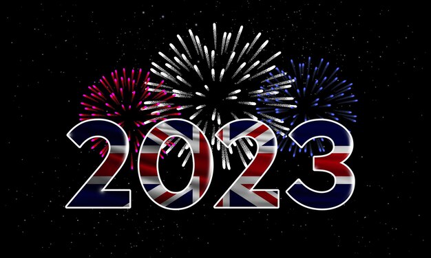 Feliz año nuevo 2023 gran bretaña 2023 año nuevo bandera nacional del reino unido y fuegos artificiales