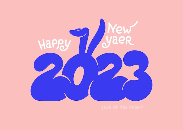 Feliz Año Nuevo 2023 grupo de lindos números divertidos azules 2023 letras Número cero con orejas de conejo Lindo dibujo de dibujos animados de animales salvajes Ilustración vectorial para niños aislada en fondo rosa