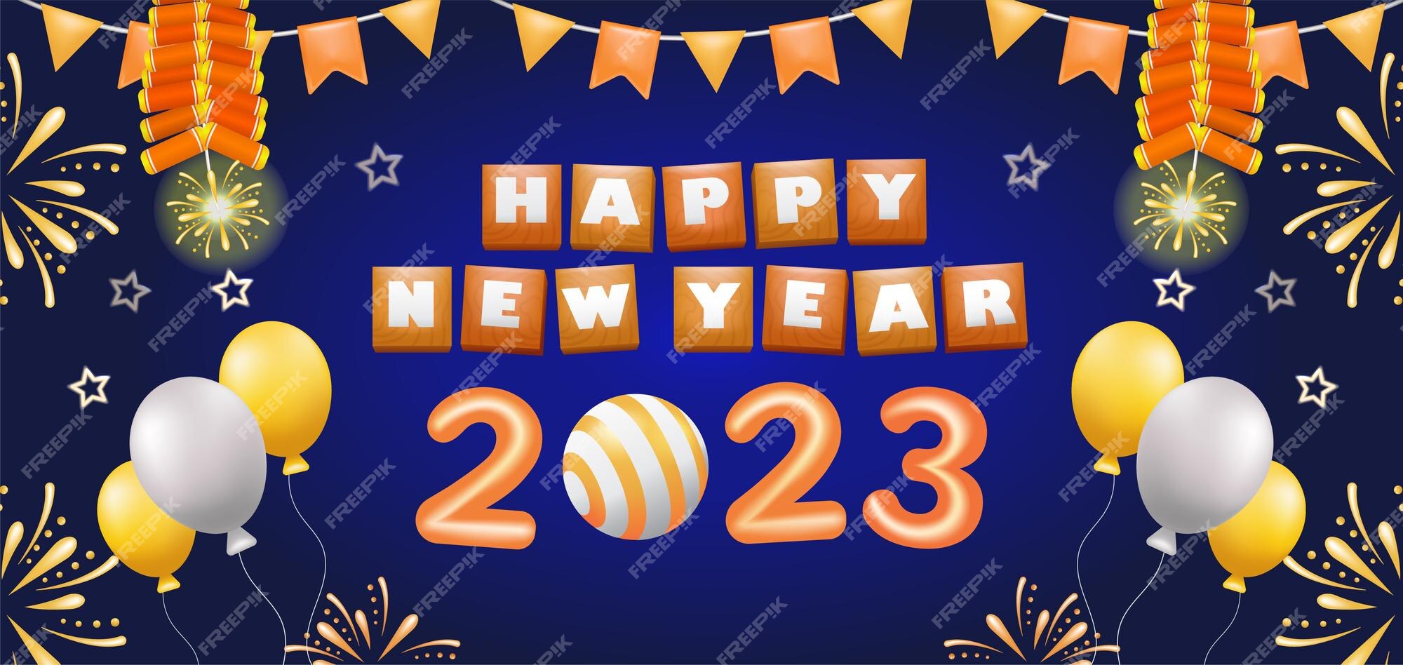 Preocupado El extraño Diálogo Feliz año nuevo 2023 ilustración 3d de petardos y fuegos artificiales con  adornos de globos | Vector Premium