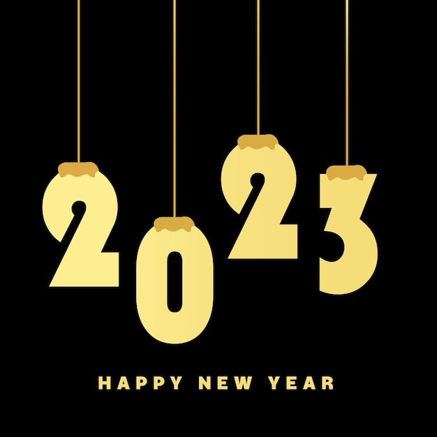 Feliz año nuevo 2023 ilustración de diseño de logotipo de banner, creativo y vector de año nuevo negro y dorado
