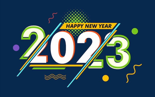 Vector feliz año nuevo 2023 ilustración de diseño de logotipo de banner de saludo, año nuevo creativo y colorido 2023