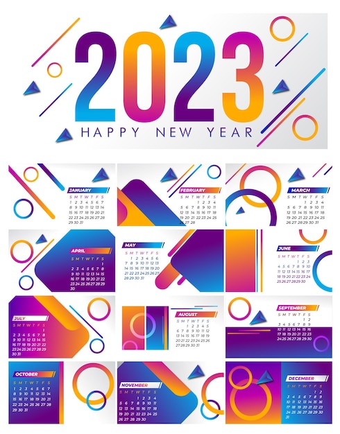 Vector feliz año nuevo 2023 ilustración de diseño de logotipo de banner de saludo, diseño abstracto creativo y colorido