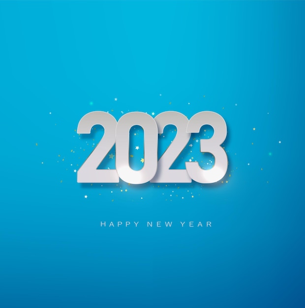 Feliz año nuevo 2023 ilustración de vector azul de navidad de números blancos 2023 y patrón de brillos dorados brillantes signo plano 3d realista feliz nuevo diseño de póster o pancarta