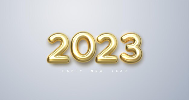 Feliz Año Nuevo 2023 Ilustración vectorial de vacaciones de números metálicos dorados 2023
