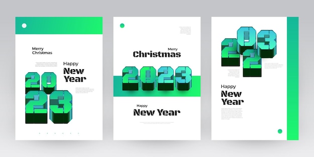 Feliz Año Nuevo 2023 Juego de carteles con números 3D Plantilla de diseño de Año Nuevo para decoración Branding Banner Poster Cover and Card