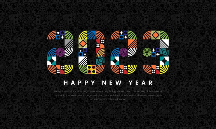Vector feliz año nuevo 2023 línea de arte geométrica colorida sobre fondo oscuro vector premium