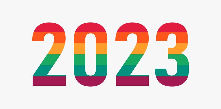 Vector feliz año nuevo 2023 mes del orgullo lgbtq 2023 con colores del arco iris símbolo vectorial del apoyo del mes del orgullo