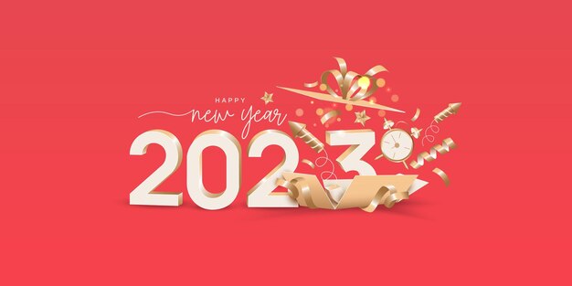 Feliz año nuevo 2023 con número dorado 3D en caja de regalo abierta
