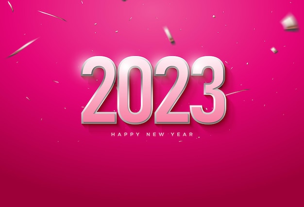 feliz año nuevo 2023 con número rosa y línea dorada