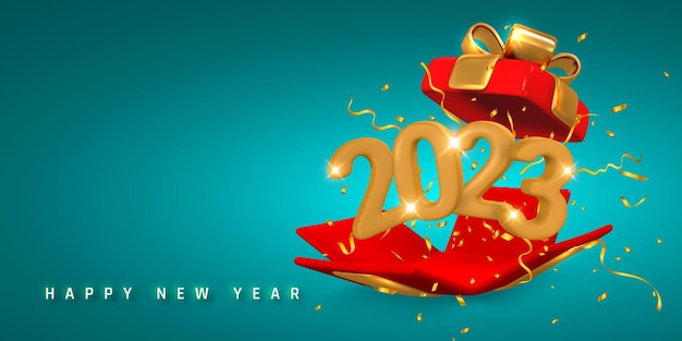 Feliz Año Nuevo 2023 Números 3d amarillos 2023 volando desde una caja roja abierta y confeti Ilustración vectorial