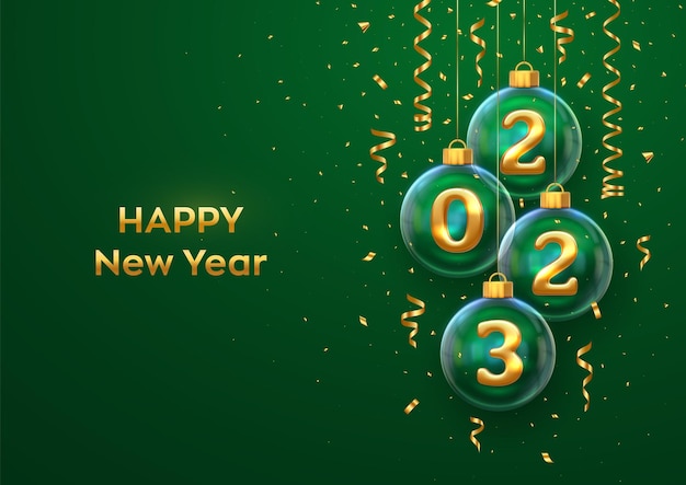 Feliz año nuevo 2023 números 3d de metal dorado 2023 en adorno de vidrio bolas navideñas colgantes y confeti brillante tarjeta de felicitación vacaciones navidad y año nuevo cartel banner volante vector ilustración