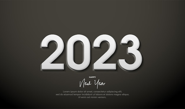 Feliz año nuevo 2023 con números blancos en 3d sobre fondo negro