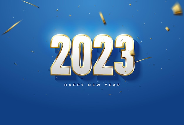 feliz año nuevo 2023 con números blancos con combinación dorada.