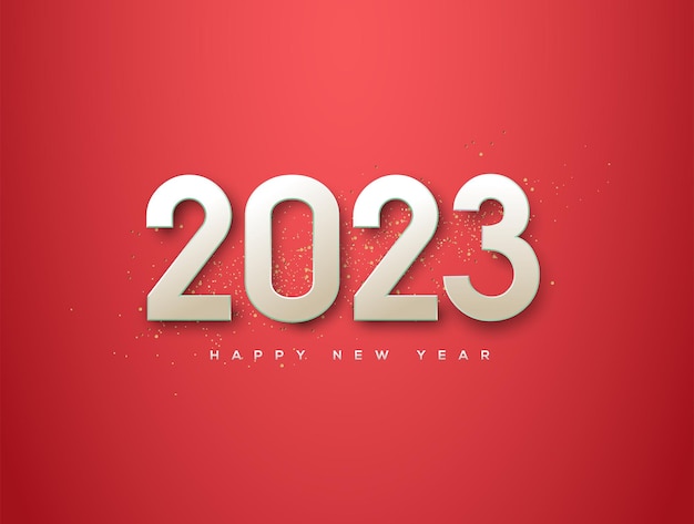 Vector feliz año nuevo 2023 con números blancos sobre fondo rojo.