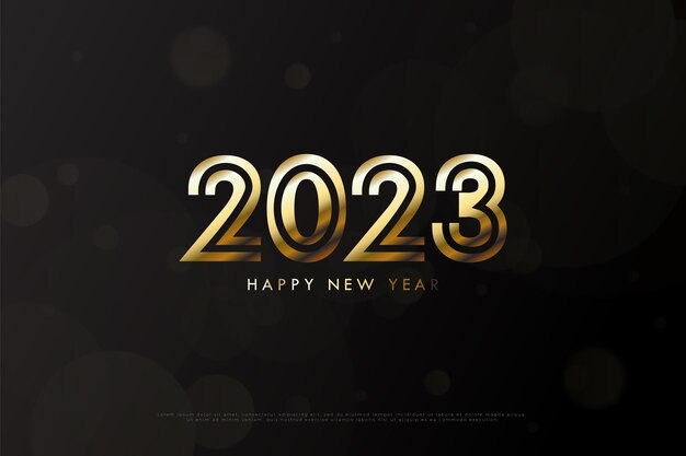 Feliz año nuevo 2023 con números dorados planos.