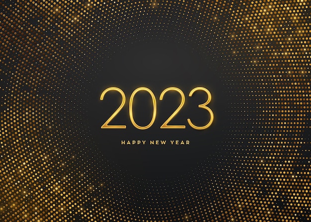 Feliz Año Nuevo 2023 Números de lujo metálicos dorados 2023 sobre fondo brillante Signo realista para tarjeta de felicitación Telón de fondo rebosante con brillos Cartel festivo o pancarta Ilustración vectorial