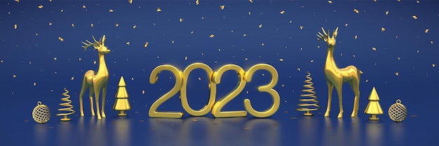 Feliz Año Nuevo 2023 Números metálicos dorados 2023 con cajas de regalo de ciervos dorados pino metálico dorado o abetos en forma de cono de abeto bolas brillantes y confeti sobre fondo azul Ilustración vectorial