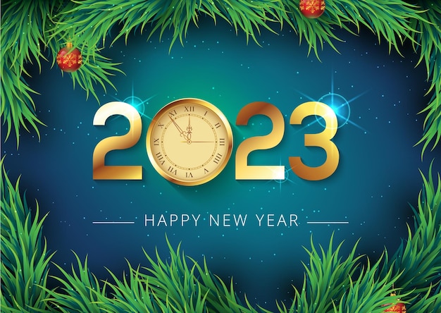 Feliz Año Nuevo 2023 Números metálicos dorados 2023 con copos de nieve brillantes bolas de ramas de pino