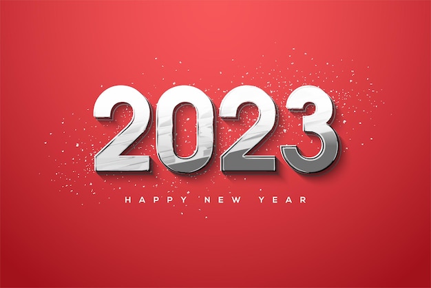 Feliz año nuevo 2023 con números mirin 3d sobre fondo rojo.