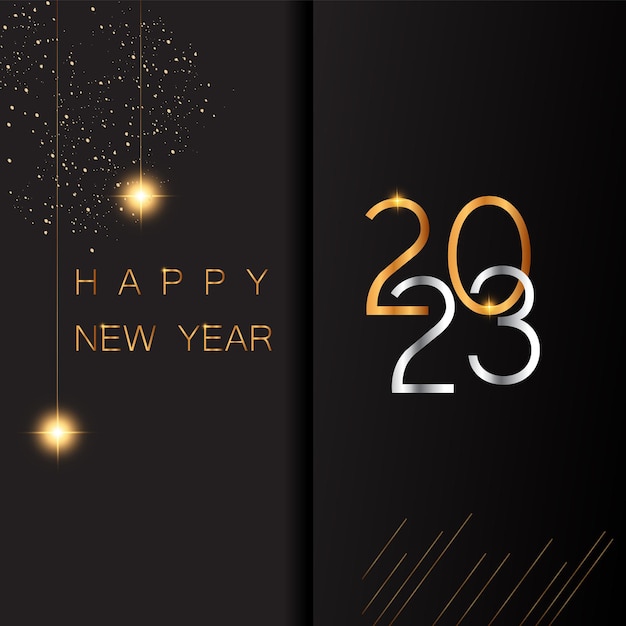 Feliz año nuevo 2023 plantilla de diseño de banner con efecto dorado