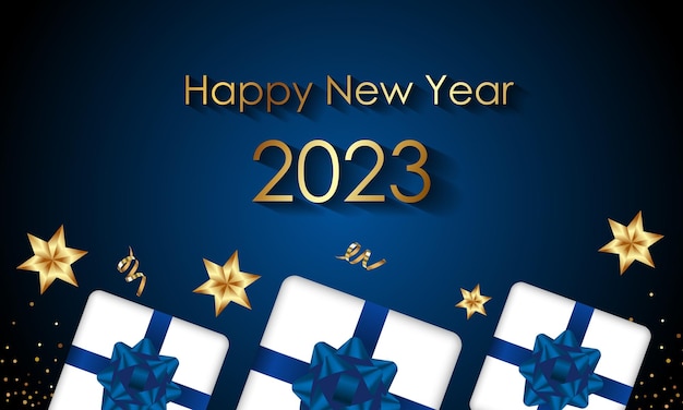 Feliz año nuevo 2023 plantillas vectoriales elegantes realistas regalos realistas y guirnaldas navideñas vector