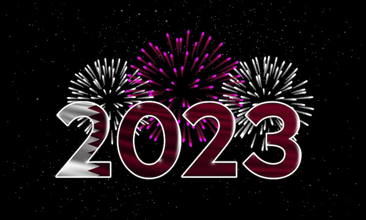 Vector feliz año nuevo 2023 qatar 2023 fondo de año nuevo con bandera nacional de qatar y fuegos artificiales