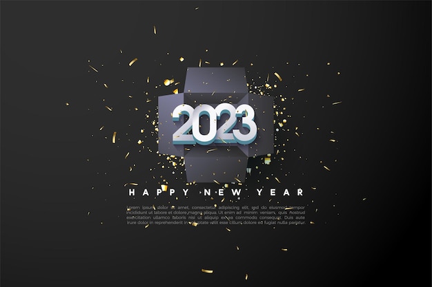 Feliz año nuevo 2023 sobre fondo negro de caja de regalo.
