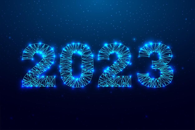 Feliz año nuevo 2023 tarjeta de felicitación Diseño de estilo polivinílico bajo Números de una malla de alambre poligonal xAAbstract ilustración vectorial sobre fondo oscuro