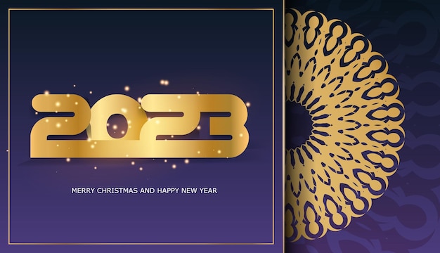 Feliz año nuevo 2023 tarjeta de felicitación patrón dorado en azul