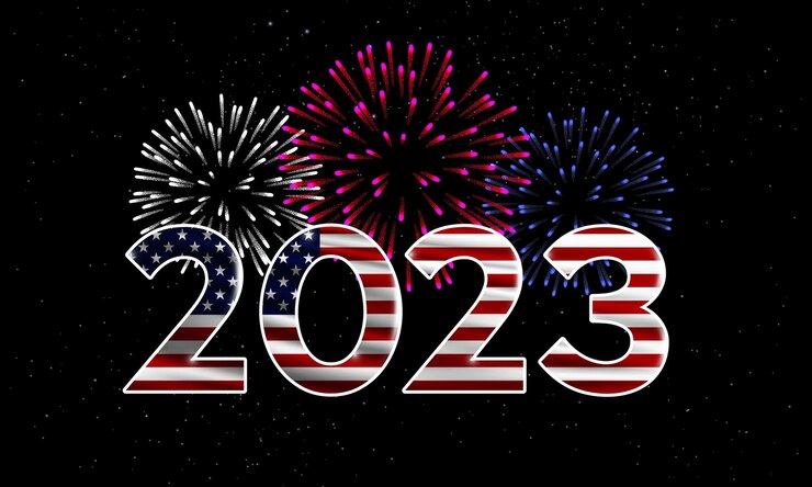 Vector feliz año nuevo 2023 usa 2023 fondo de año nuevo con bandera nacional de usa y fuegos artificiales