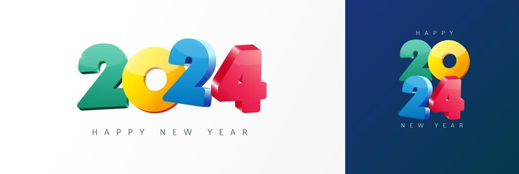 Vector feliz año nuevo 2024 3d tipografía colorida concepto de diseño de logotipo saludos de navidad con números 3d 2024