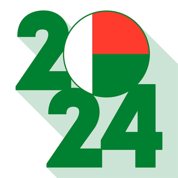 Feliz Año Nuevo 2024 bandera de sombra larga con la bandera de Madagascar dentro de la ilustración vectorial