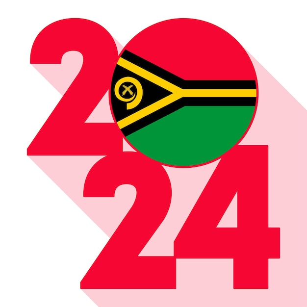 Feliz Año Nuevo 2024 bandera de sombra larga con la bandera de Vanuatu dentro de la ilustración vectorial