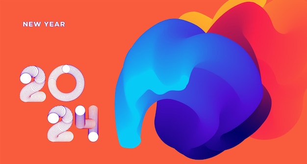 Feliz año nuevo 2024 Banner de tarjeta de felicitación colorida para redes sociales Diseño de fondo fluido abstracto vectorial