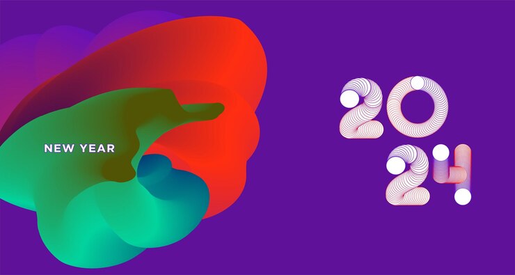 Vector feliz año nuevo 2024 banner de tarjeta de felicitación colorida para redes sociales diseño de fondo fluido abstracto vectorial