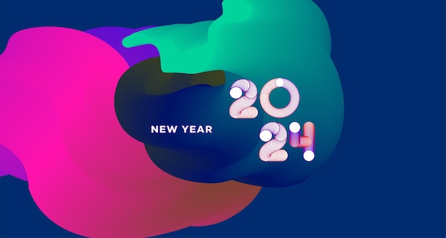 Feliz año nuevo 2024 Banner de tarjeta de felicitación colorida para redes sociales Diseño de fondo fluido abstracto vectorial