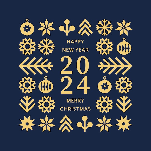 Feliz año nuevo 2024 banner vectorial Diseño moderno y moderno con patrón geométrico dorado