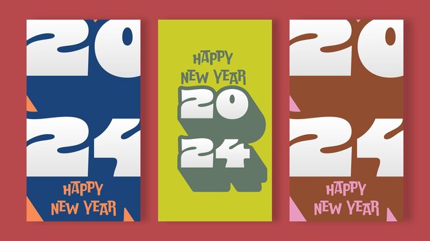 Feliz año nuevo 2024 Banner vertical de redes sociales Tipografía curva de sombra larga