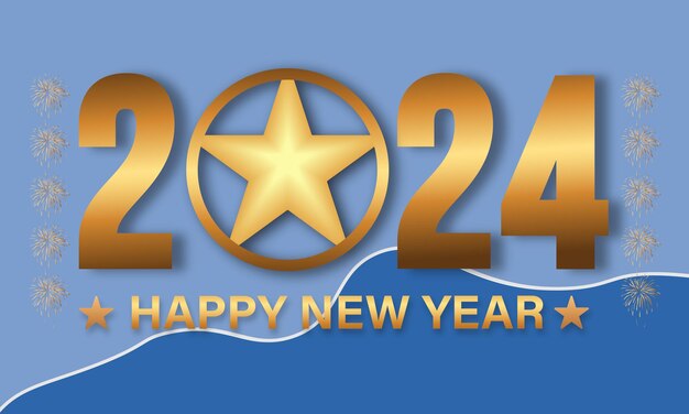 Feliz año nuevo 2024 Celebración Concepto festivo con fuegos artificiales y banner de fondo de bolas de Navidad