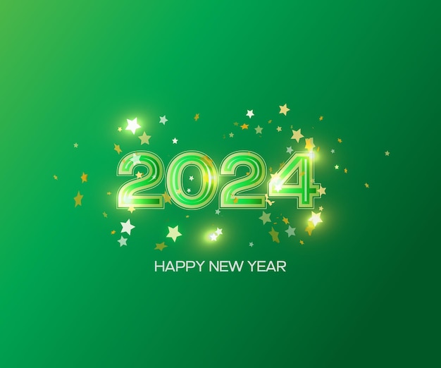 Feliz Año Nuevo 2024 Celebraciones con estrellas doradas poppers de fiesta en un fondo verde aislado