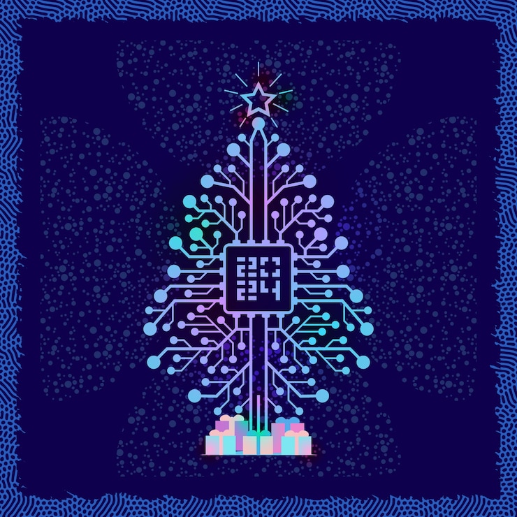Vector feliz año nuevo 2024 chip digital árbol de navidad 1 23 regalos 4 árboles 5 estrellas 2 patrones