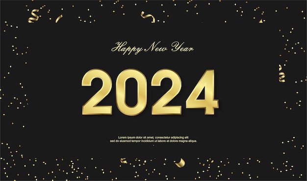 Feliz año nuevo 2024 con cinta de oro sobre fondo negro año 2024